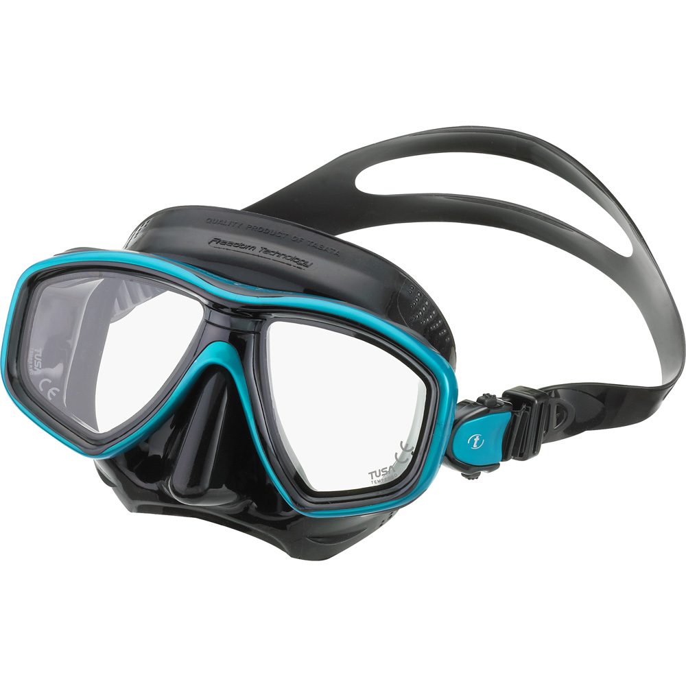 TUSA Freedom Ceos dive mask in Ocean Green with a black skirt, showing the split strap