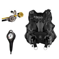 Apeks EXOTEC Pro Diver scuba package with grey EXOTEC BCD, MTX-RC Yoke regulator set with yellow octopus, and single-dial pressure gauge.