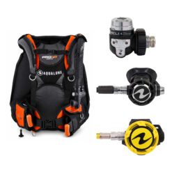 Aqualung Pro HD Compact orange and black travel BCD package with Helix Compact Pro DIN regulator and yellow standard Helix Pro octopus.