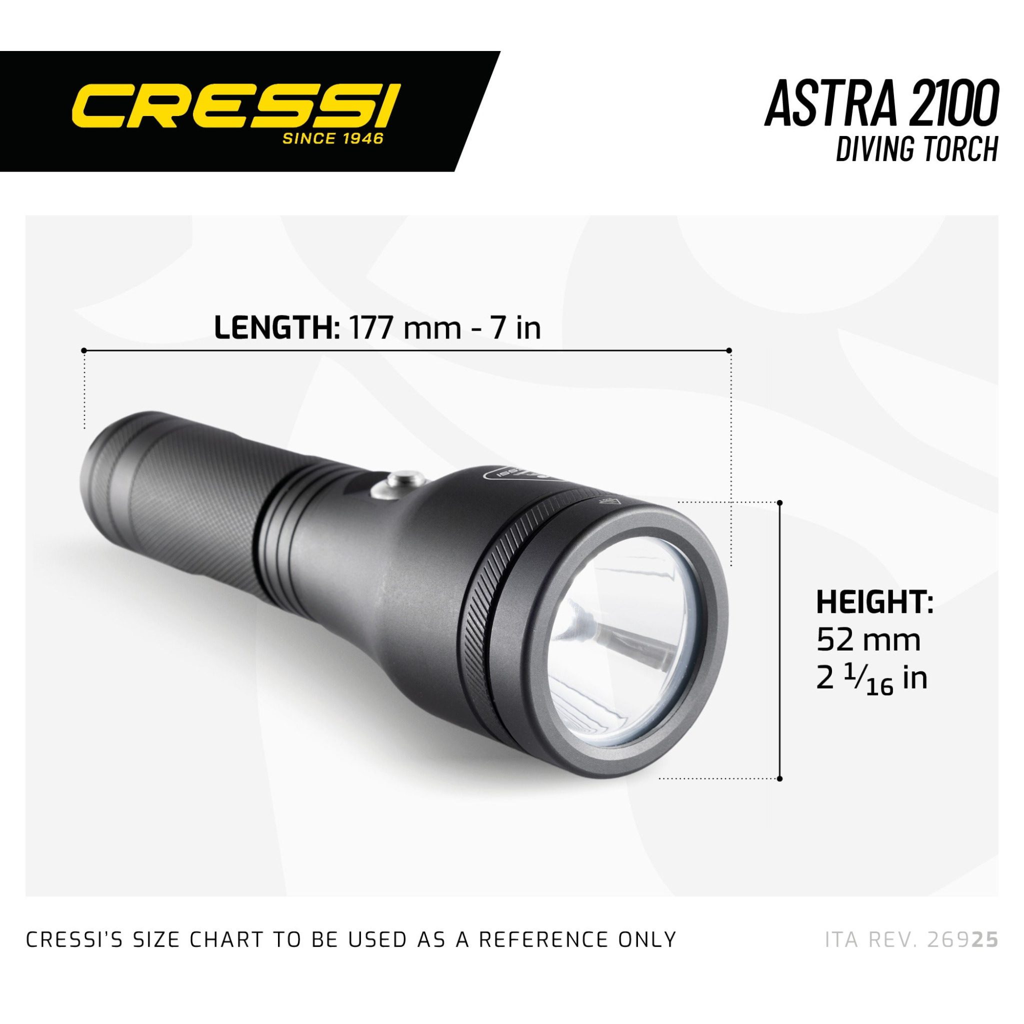 Cressi Astra 2100 Dive Torch manufacturer dimensions chart