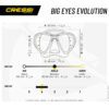 Cressi Big Eyes Evolution mask manufacturer skirt fit, nose area and dimension chart