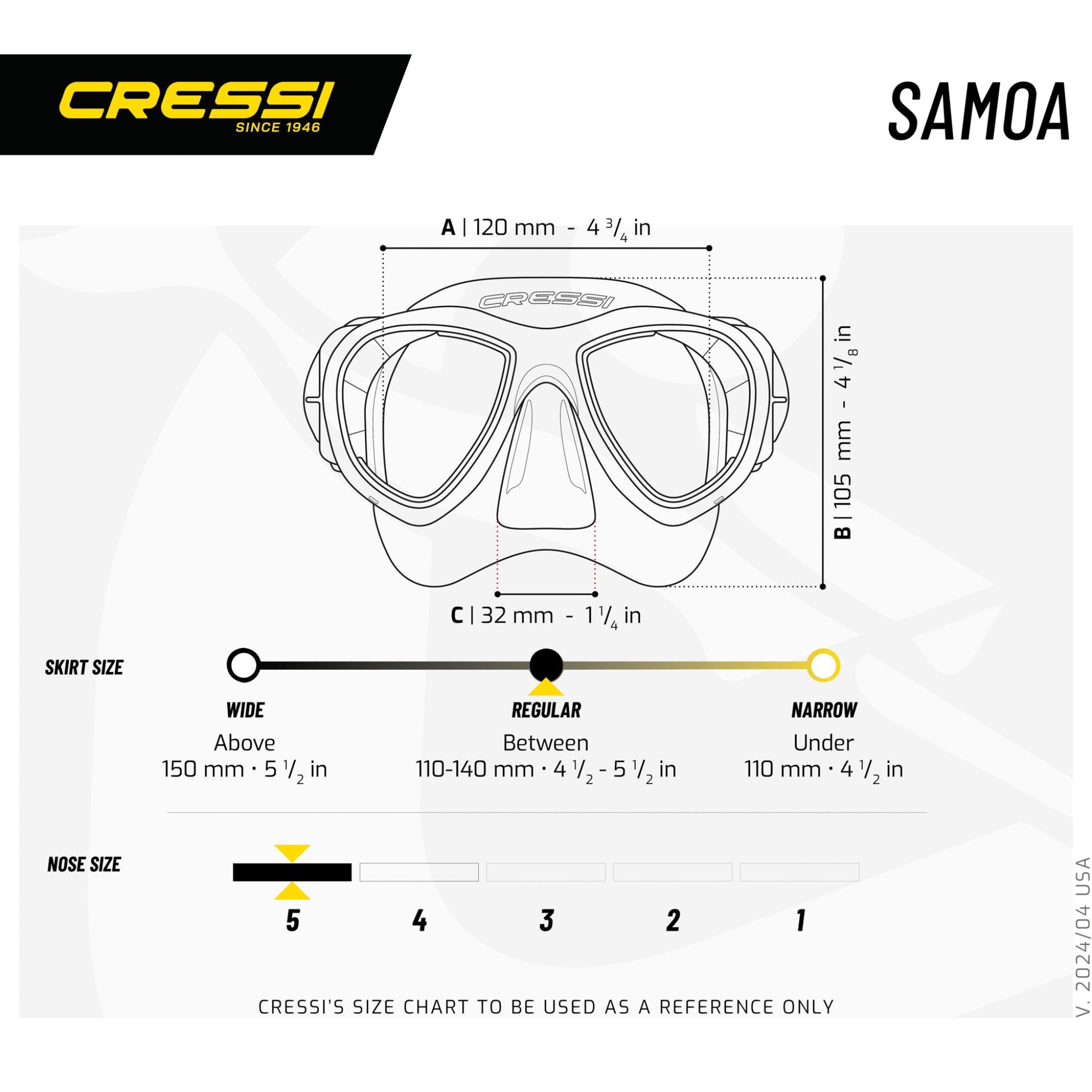 Cressi Samoa mask manufacturer skirt fit, nose area and dimension chart