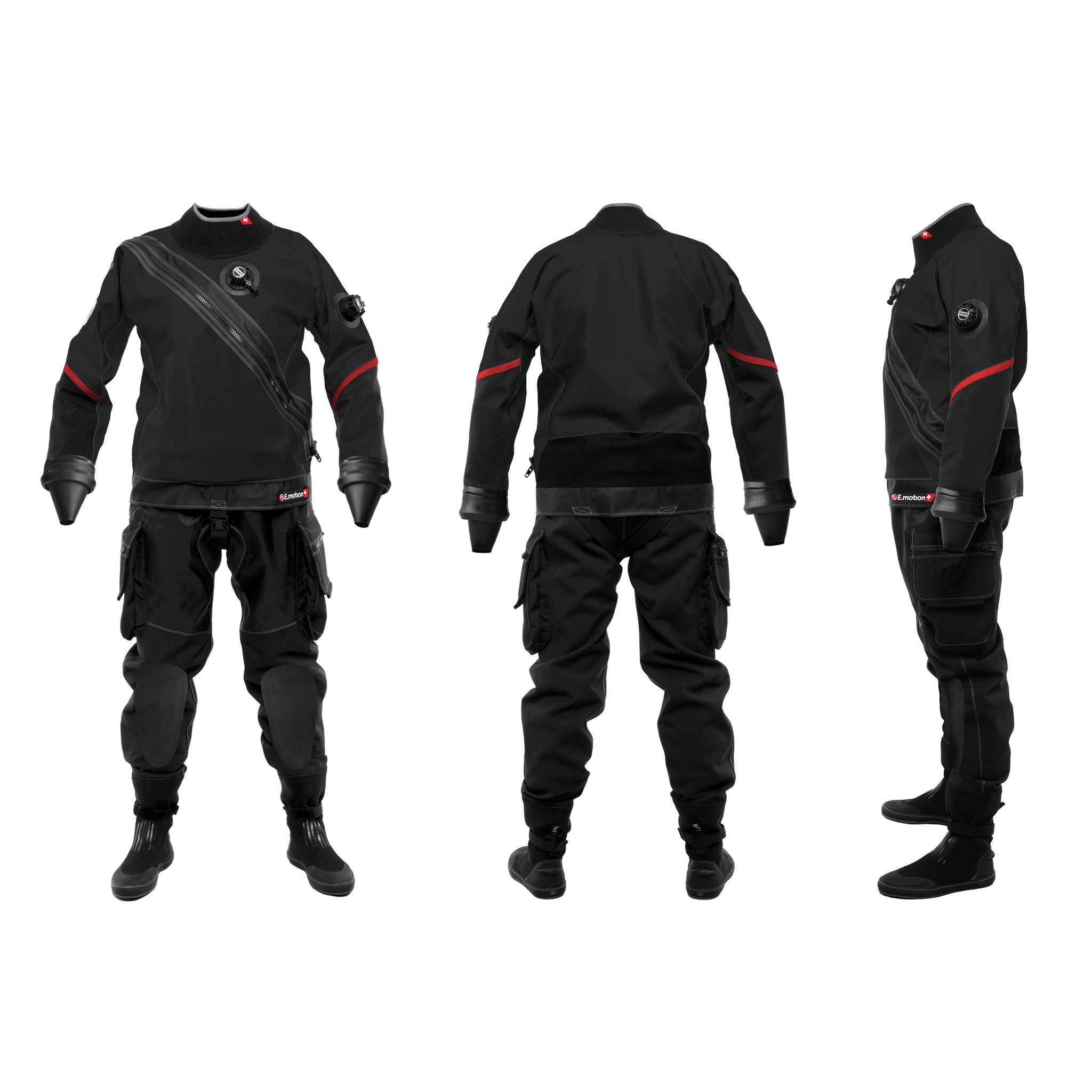 SANTI E.Motion Plus men's drysuit in black with red accents, front, back and side views
